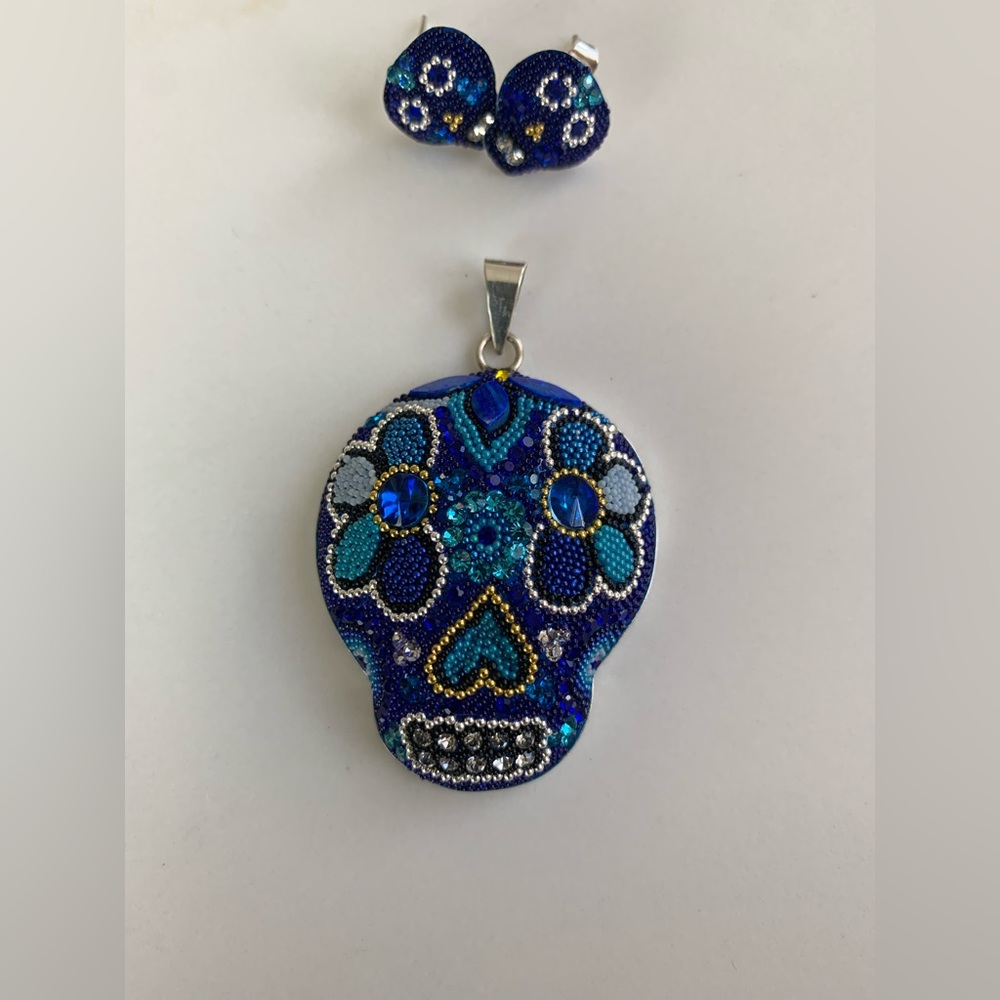 Handcrafted 925 Silver Sugar Skull Necklace Pendant & Sugar Skull Earrings